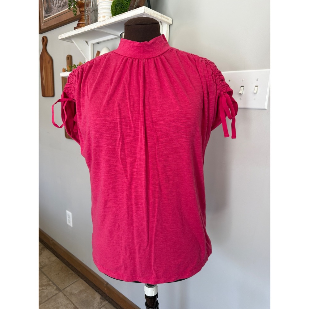 Anthropologie Pink Mock Neck Ruched Tie Sleeve Slub Knit Top Medium